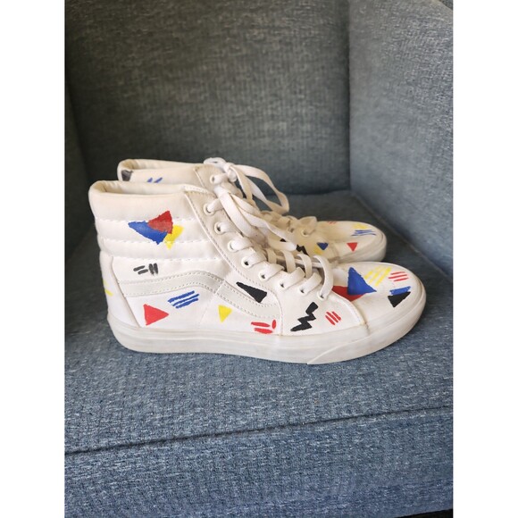 Vans White Hi Top SK8 Sneakers w/ Custom Designs Painted m Men's 8 Women's 9.5 - Picture 1 of 12
